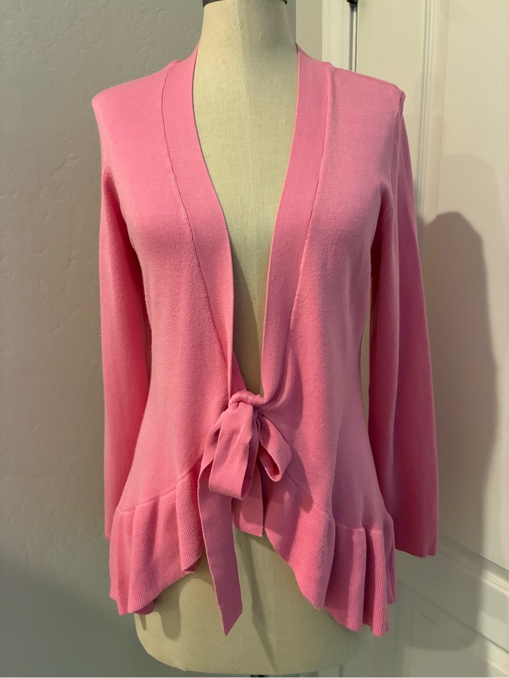 New York & Company Pink Tie-Front Ruffle Hem Cardigan #barbie core
